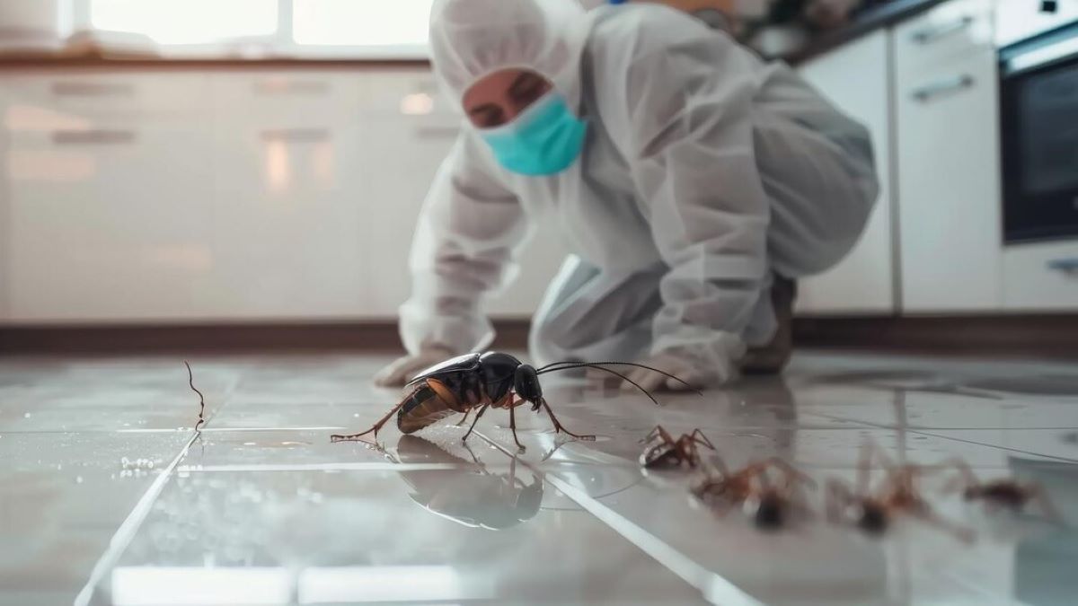 Człowiek w odzieży ochronnej oglądający dużego karalucha