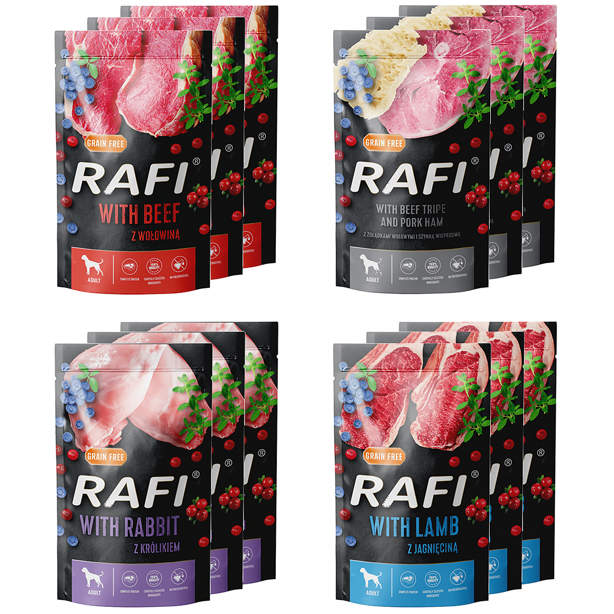 Mokra karma dla psa RAFI MIX smaków w saszetkach zestaw 12 x 500 g