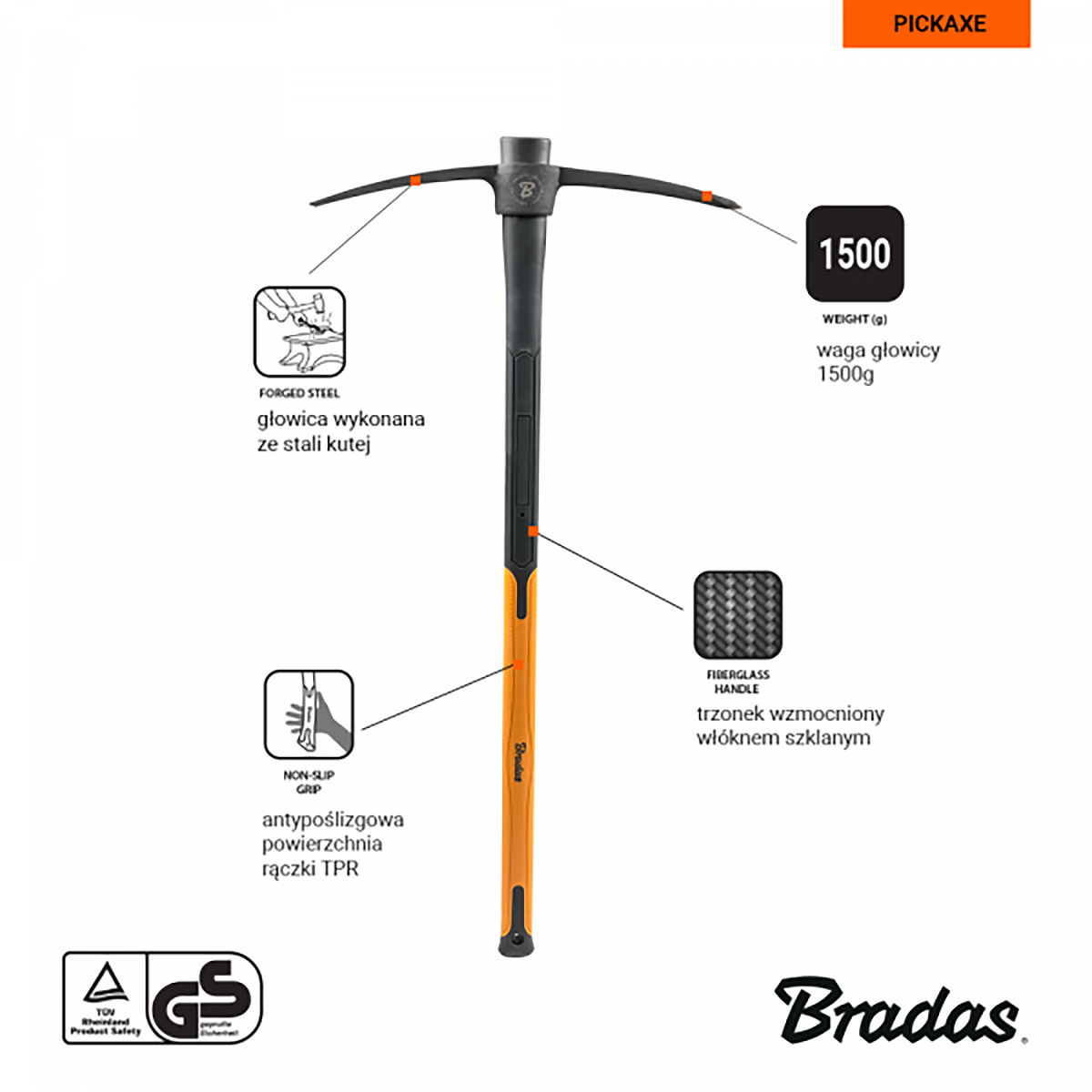 Kilof ogrodniczy ze stali hartowanej 1500 g