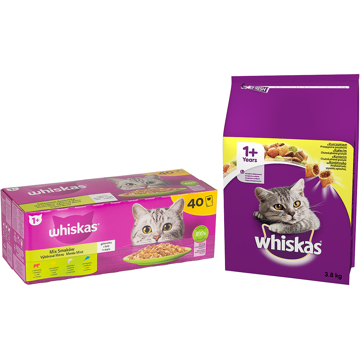 Karma dla kota Whiskas z kurczakiem zestaw mokra 40 x 85 g i sucha 3,8 kg