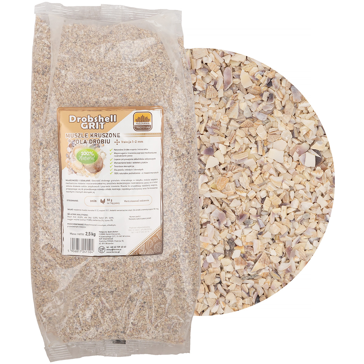 Muszle morskie kruszone dla piskląt i przepiórek Drobshell Grit frakcja 1-2 mm 2,5 kg