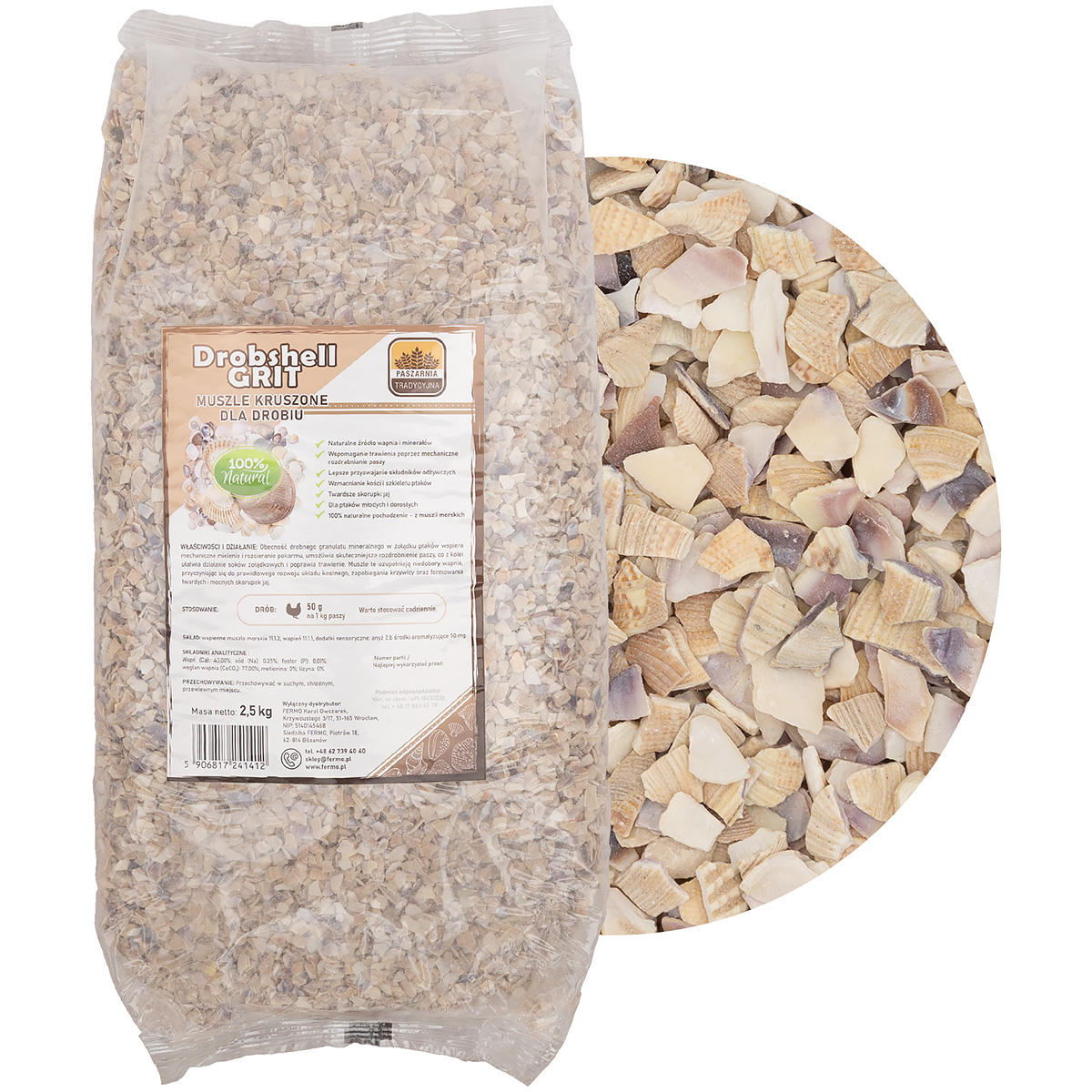 Muszle morskie na mocne skorupki dla kur Drobshell Grit frakcja 3-5 mm 2,5 kg