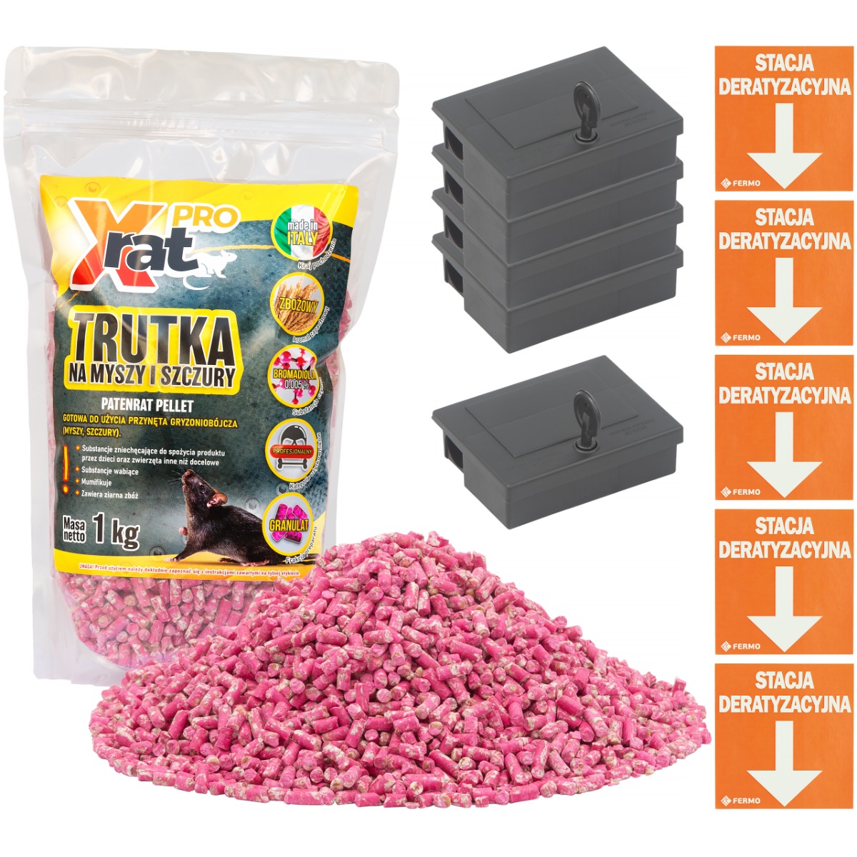 Mały zestaw do zwalczania myszy trutka granulat 1 kg X-RAT PRO + 5 karmników z naklejką
