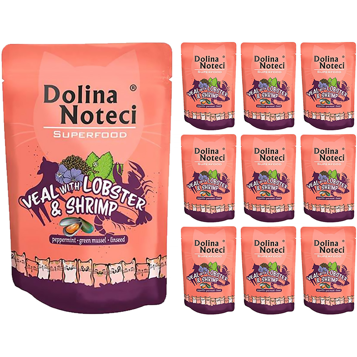 Mokra karma dla kota Dolina Noteci Superfood saszetki 10 x 85 g cielęcina z homarem i krewetką