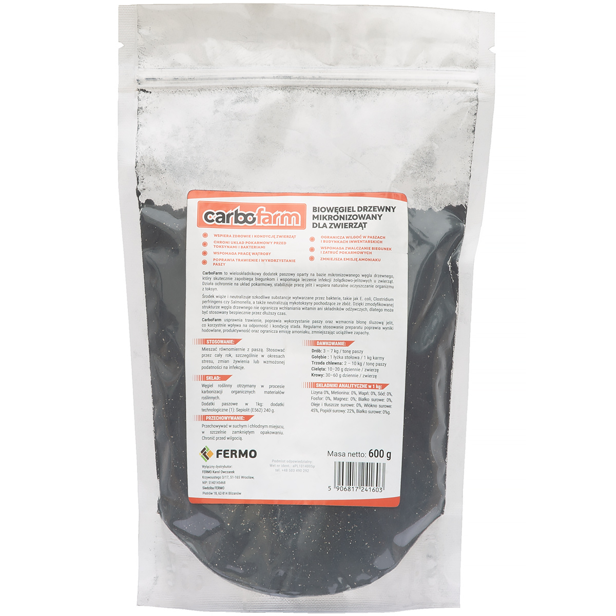 CARBOFARM 600 g Bio Węgiel Drzewny na wsparcie usuwania toksyn, biegunkę i ograniczenie nieprzyjemnych zapachów