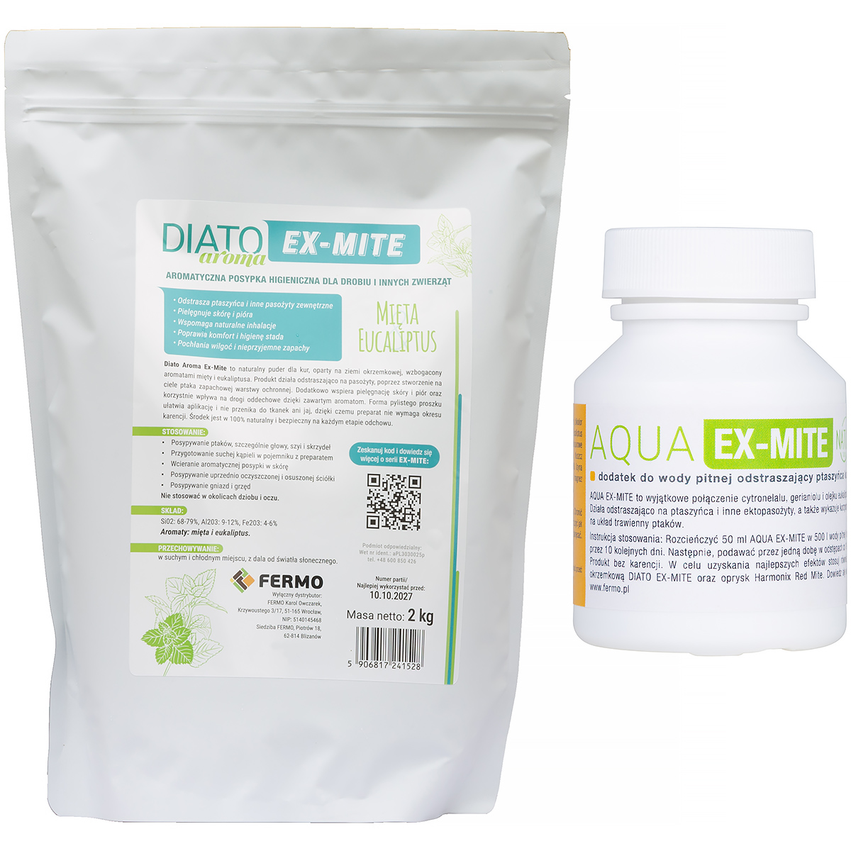 Zestaw zabezpieczający ptaki przed ptaszyńcem posypka Diato Aroma Ex-Mite 2 kg + środek do picia Aqua Ex-Mite 50 ml