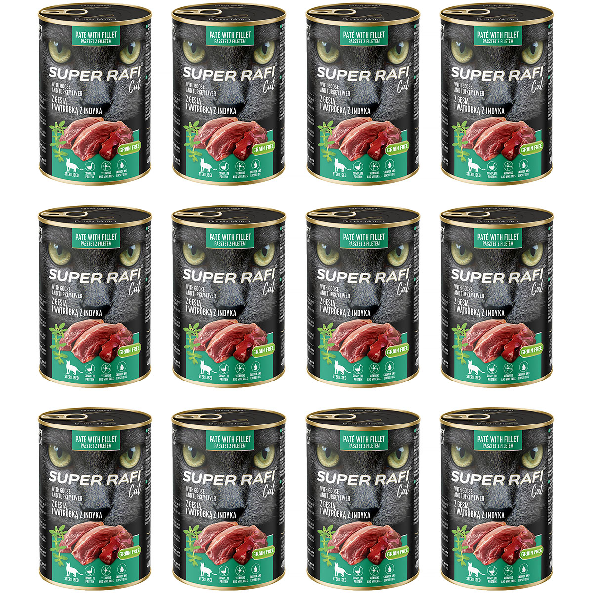 Mokra karma dla kotów po sterylizacji Super Rafi Cat z gęsią i wątróbką z indyka 12 x 400 g