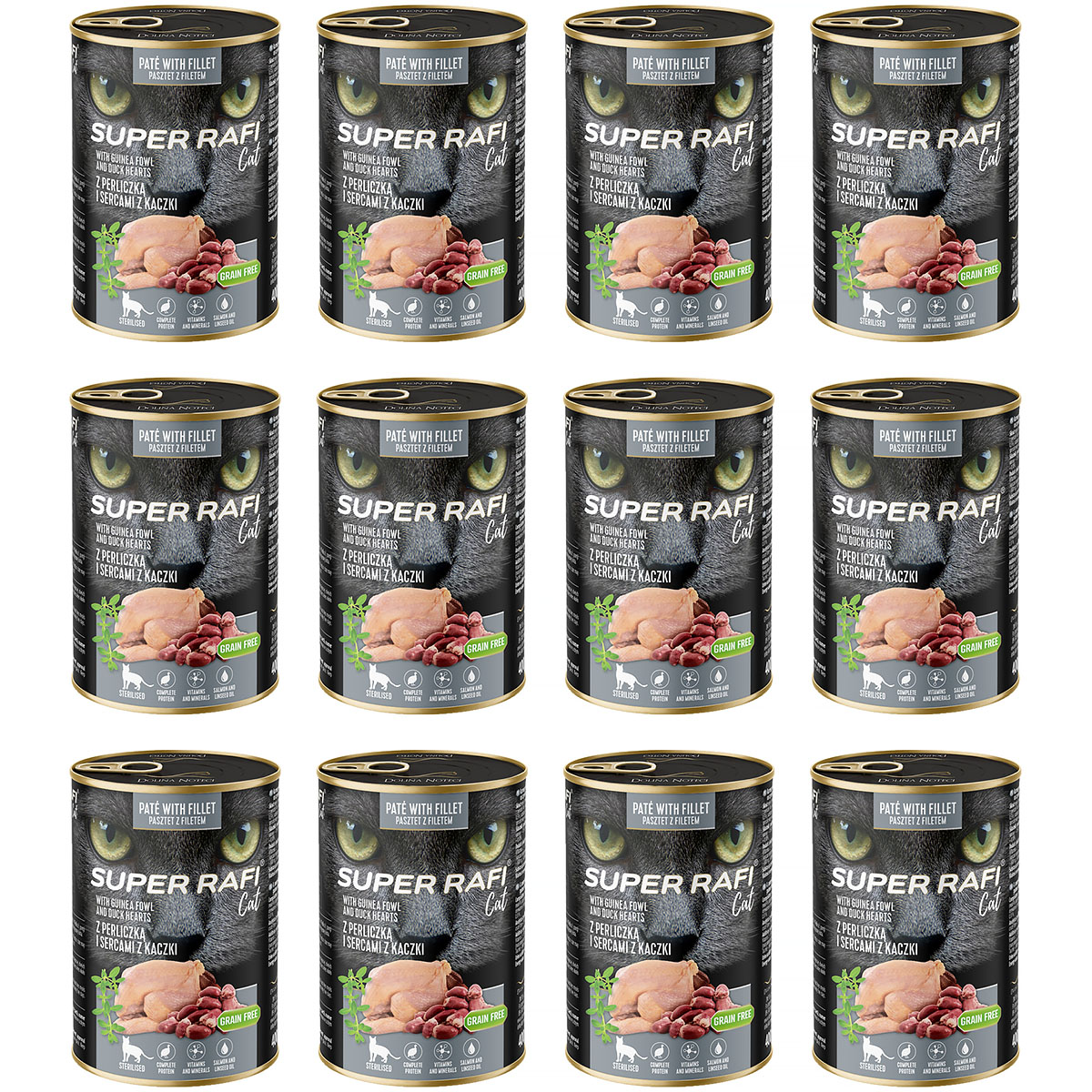 Zestaw mokra karma dla kota Super Rafi Cat Dolina Noteci z perliczką i sercami z kaczki 12 x 400 g