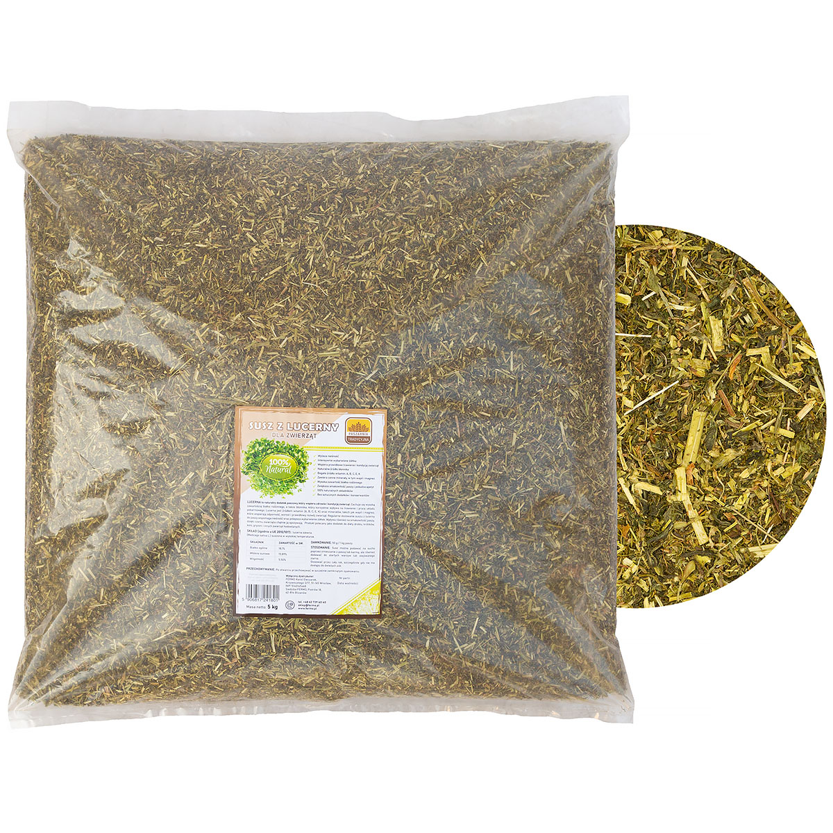 Odżywczy susz z lucerny dla zwierząt hodowlanych, kur niosek, drobiu worek 5 kg