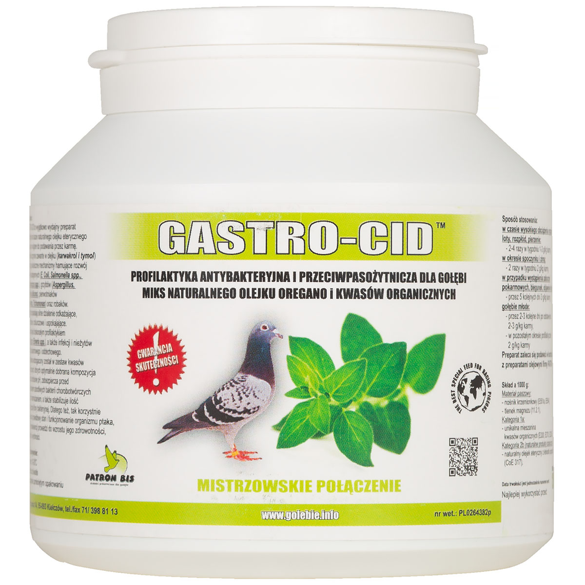 Kwasy organiczne z olejkiem oregano dla gołębi Patron Gastro-Cid 250 g
