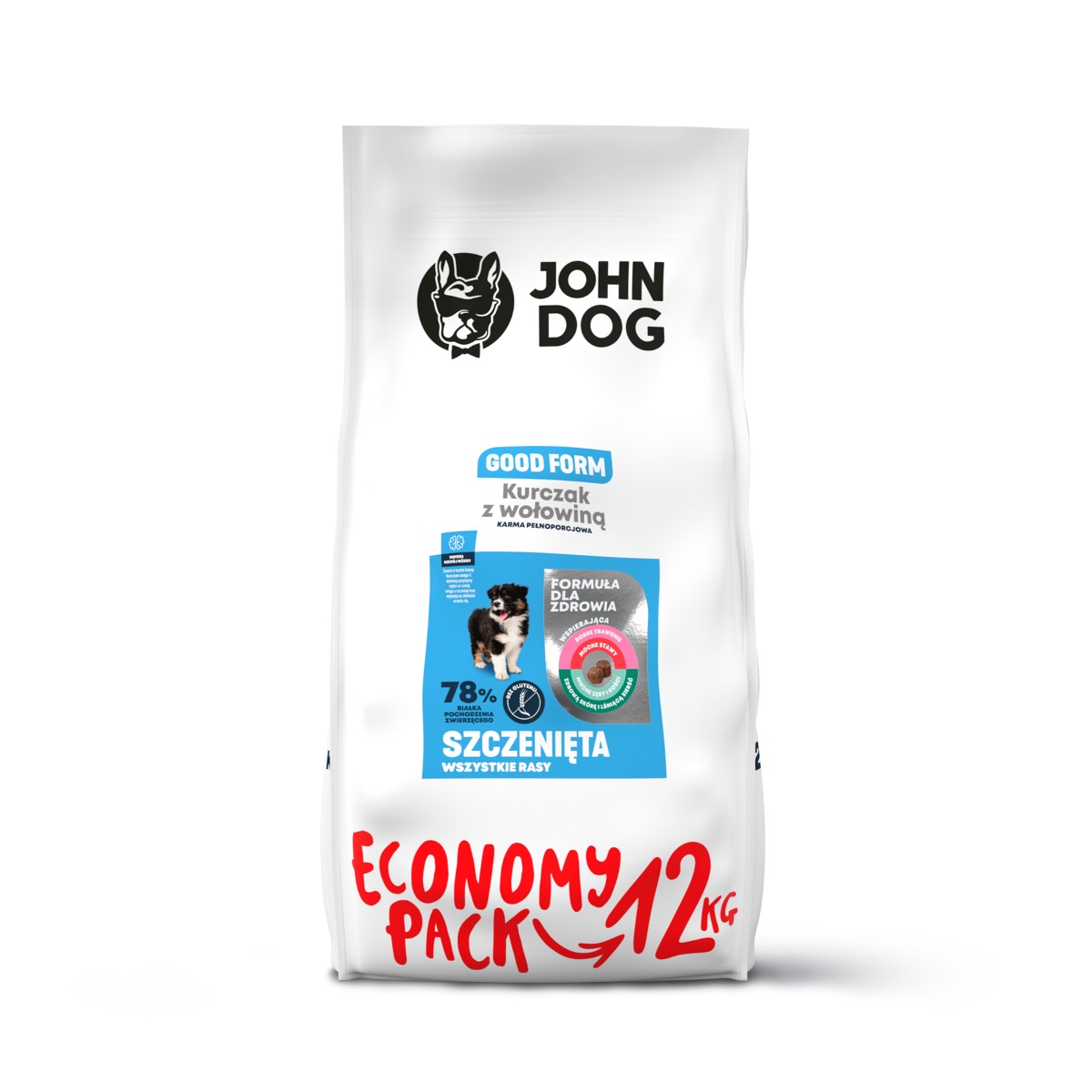 Sucha karma dla szczeniaków kurczak z wołowiną JOHN DOG GOOD FORM 12 kg junior+ książeczka